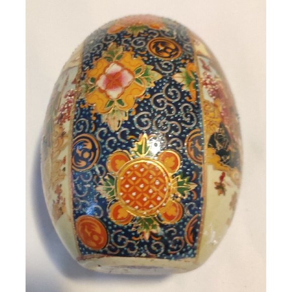Vintage Chinese Ceramic Eggs Large 5x3" Festive Hand Painted W/ Wooden Pedestal - Picture 8 of 16